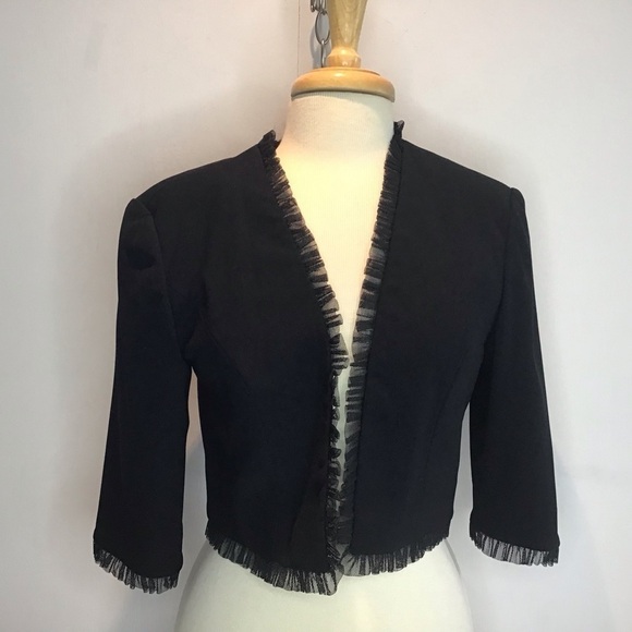 Maggy London open front bolero cropped netting trimmed lined black jacket size 8 - Picture 1 of 7